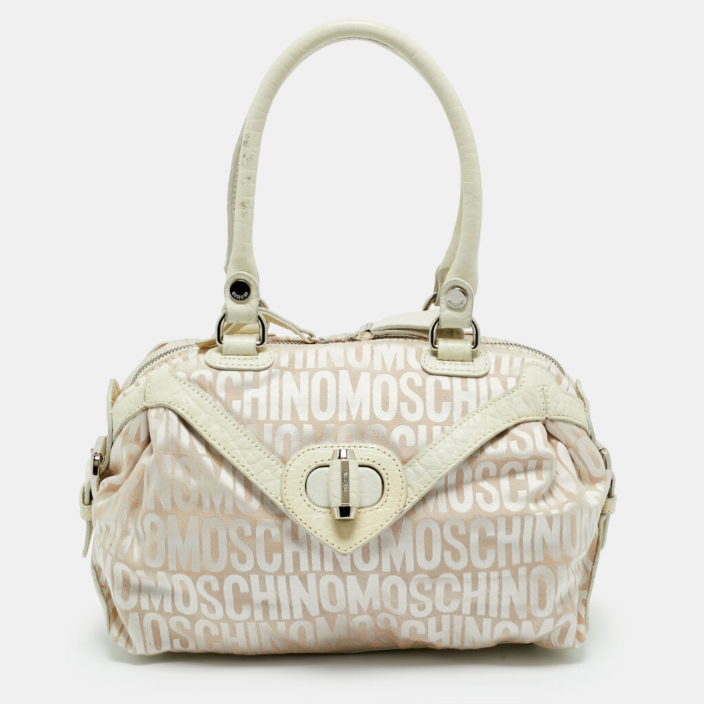 Moschino White/Cream Signature Fabric and Leather Zip Satchel Moschino White/Cream Signature Fabric and Leather Zip Satchel