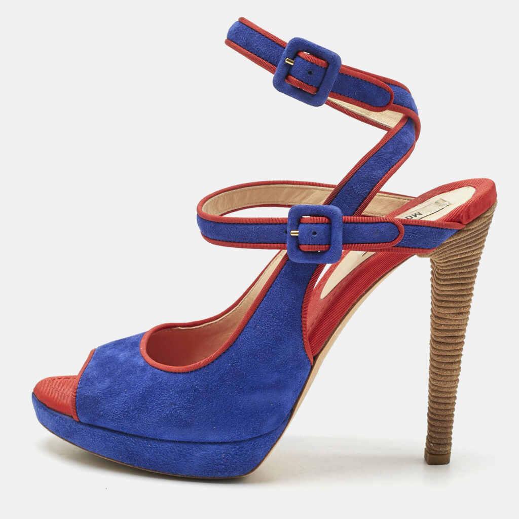 Moschino Red/Blue Suede Buckle Ankle Strap Sandals Size 38.5