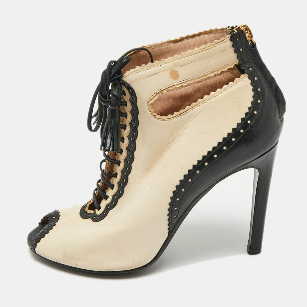 Moschino Beige/Black Leather Cutot Peep Toe Ankle Boots Size 36 Moschino Beige/Black Leather Cutot Peep Toe Ankle Boots Size 36