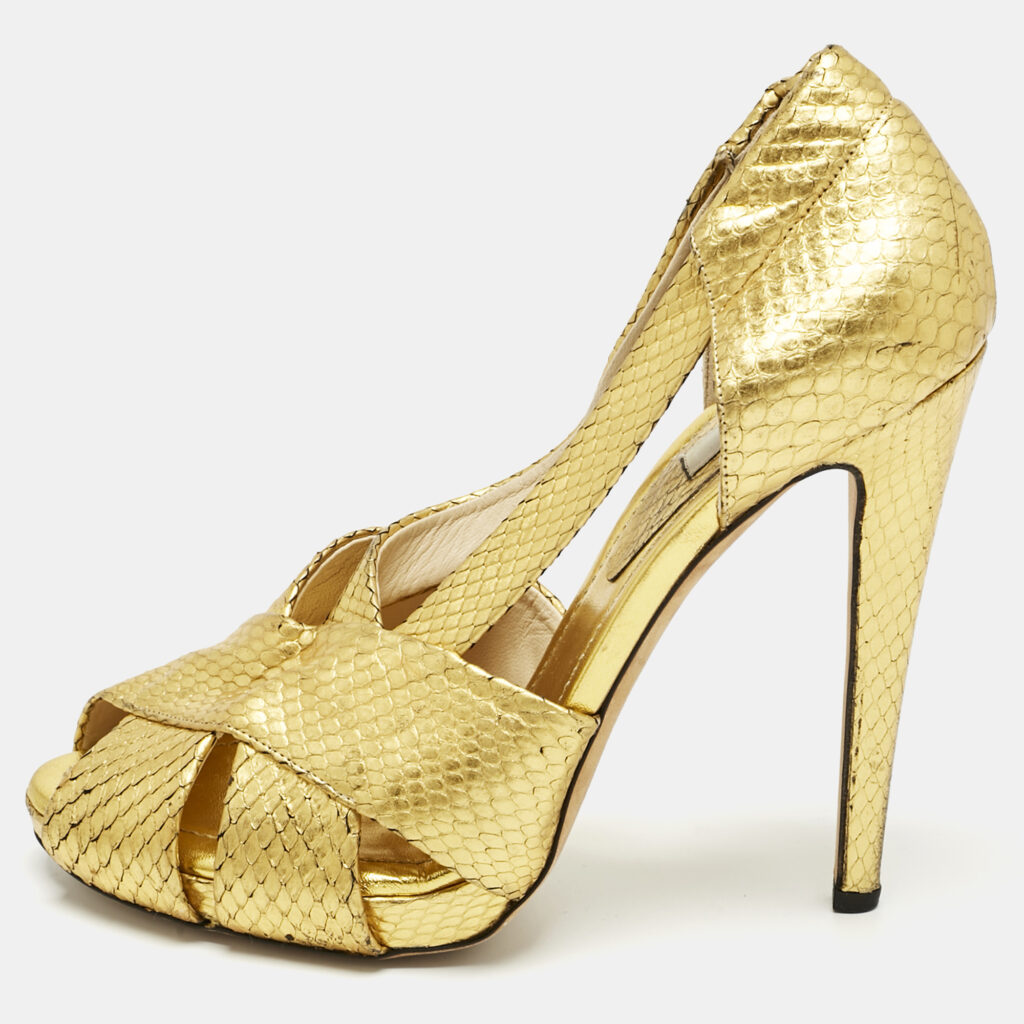 Moschino Gold Python Embossed Leather Cut Out Peep Toe Pumps Size 40