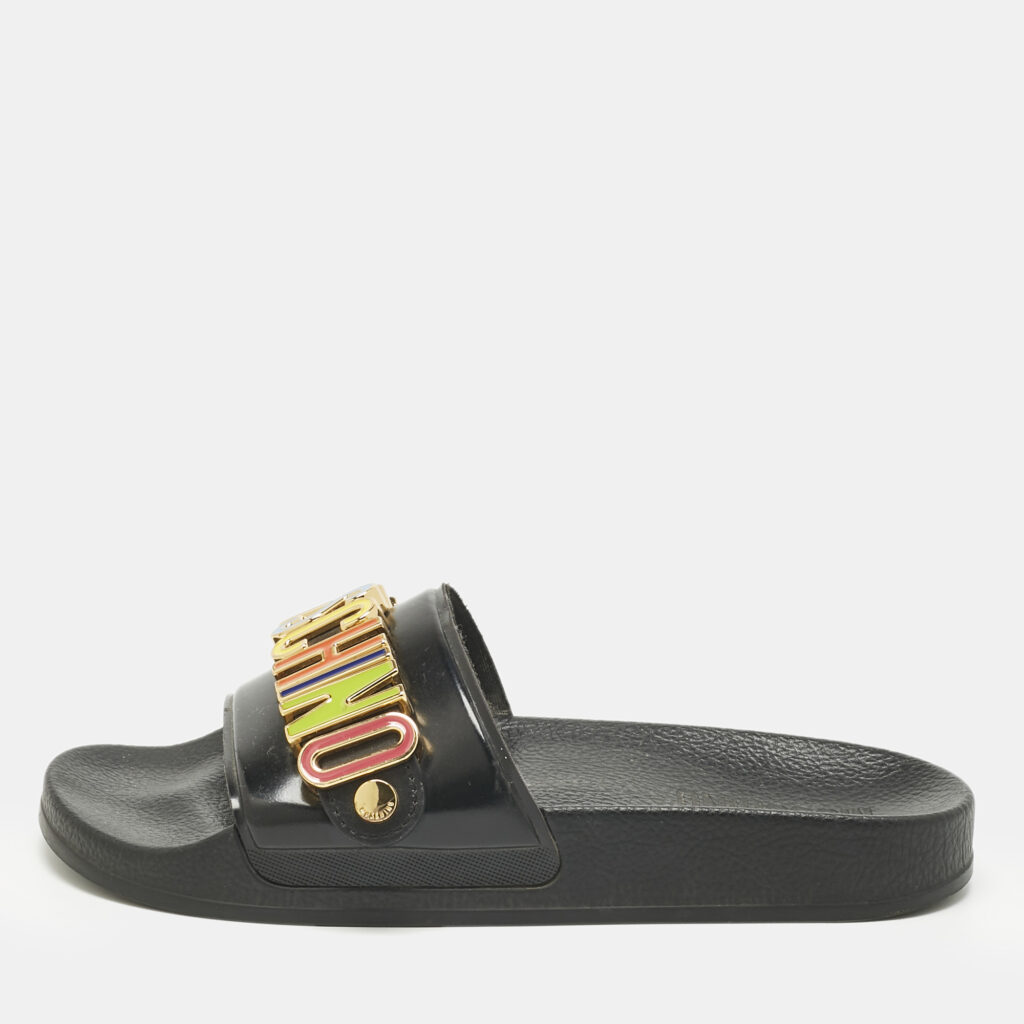 Moschino Black Rubber Logo Flat Slides Size 37 Moschino Black Rubber Logo Flat Slides Size 37