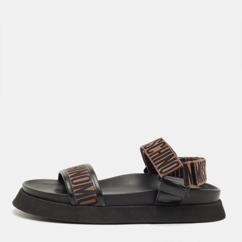 Moschino Brown/Black Canvas Logo Ankle Strap Flat Sandals Size 37