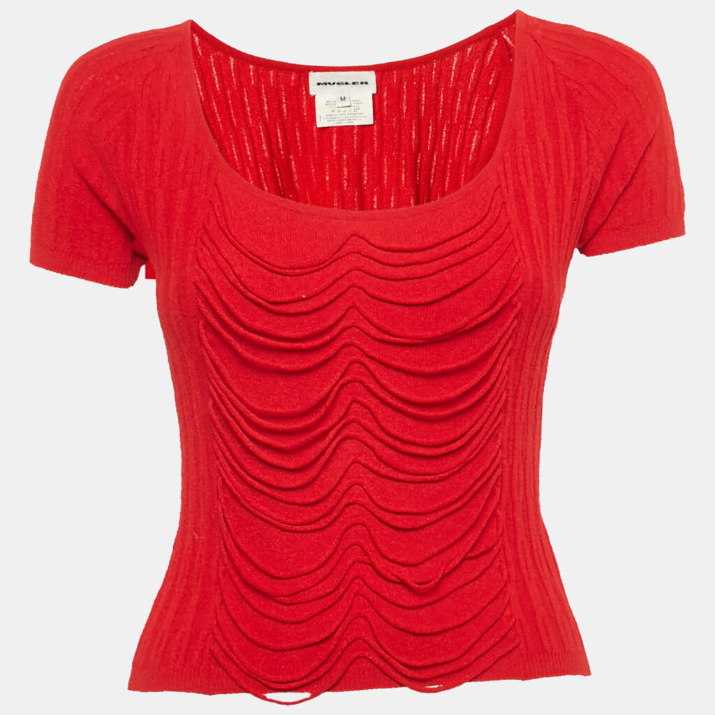 Mugler Red Rib Knit Short Sleeve Top M