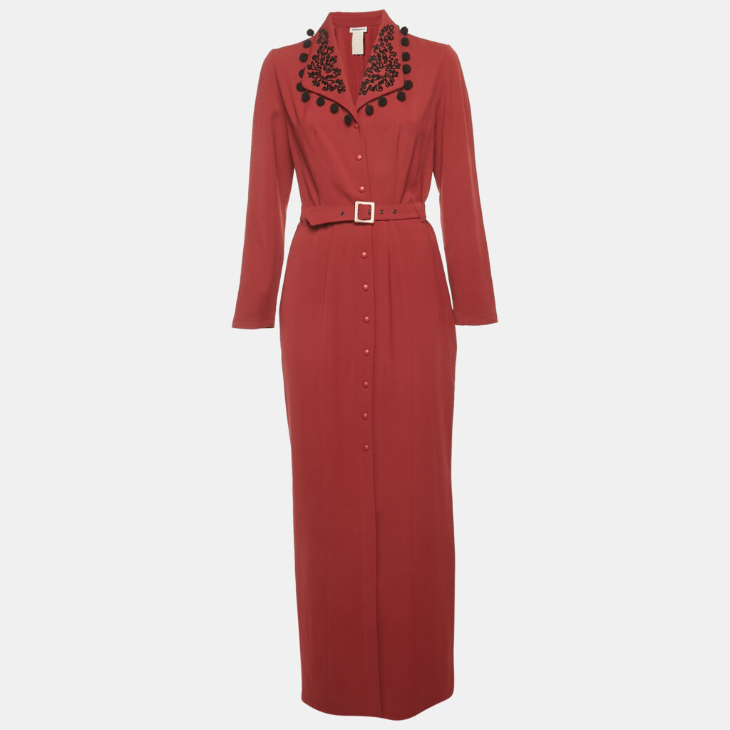 MUGLER Maroon Embroidered Collar Crepe Belted Maxi Dress L MUGLER Maroon Embroidered Collar Crepe Belted Maxi Dress L