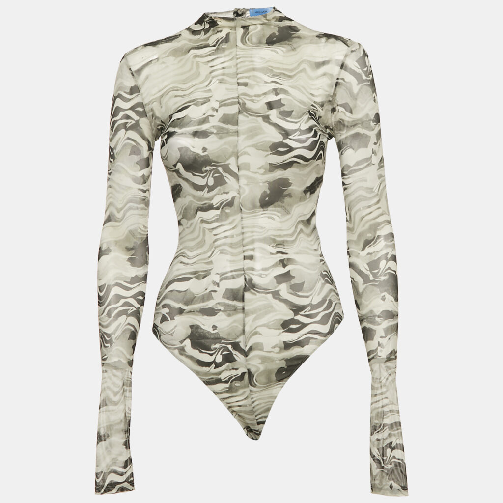 Mugler Grey Camouflage Print Mesh Bodysuit L