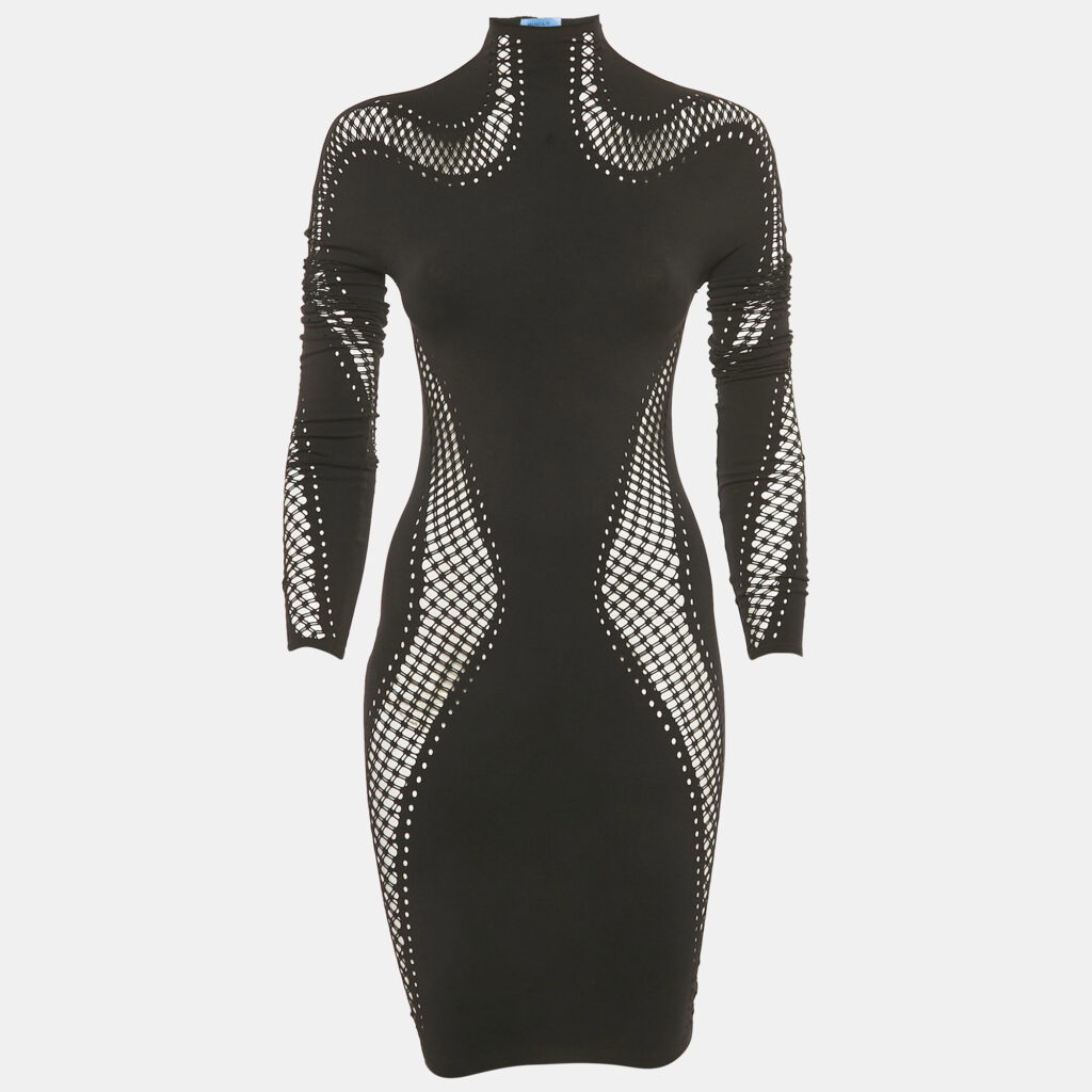 Mugler Black Nylon Knit Perforated Detail High Neck Bodycon Dress S Mugler Black Nylon Knit Perforated Detail High Neck Bodycon Dress S
