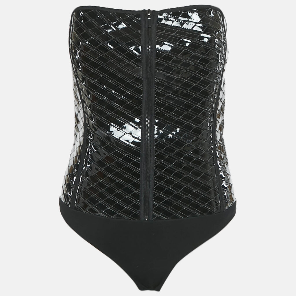 Mugler Black Nylon and Jersey Strapless Bodysuit M