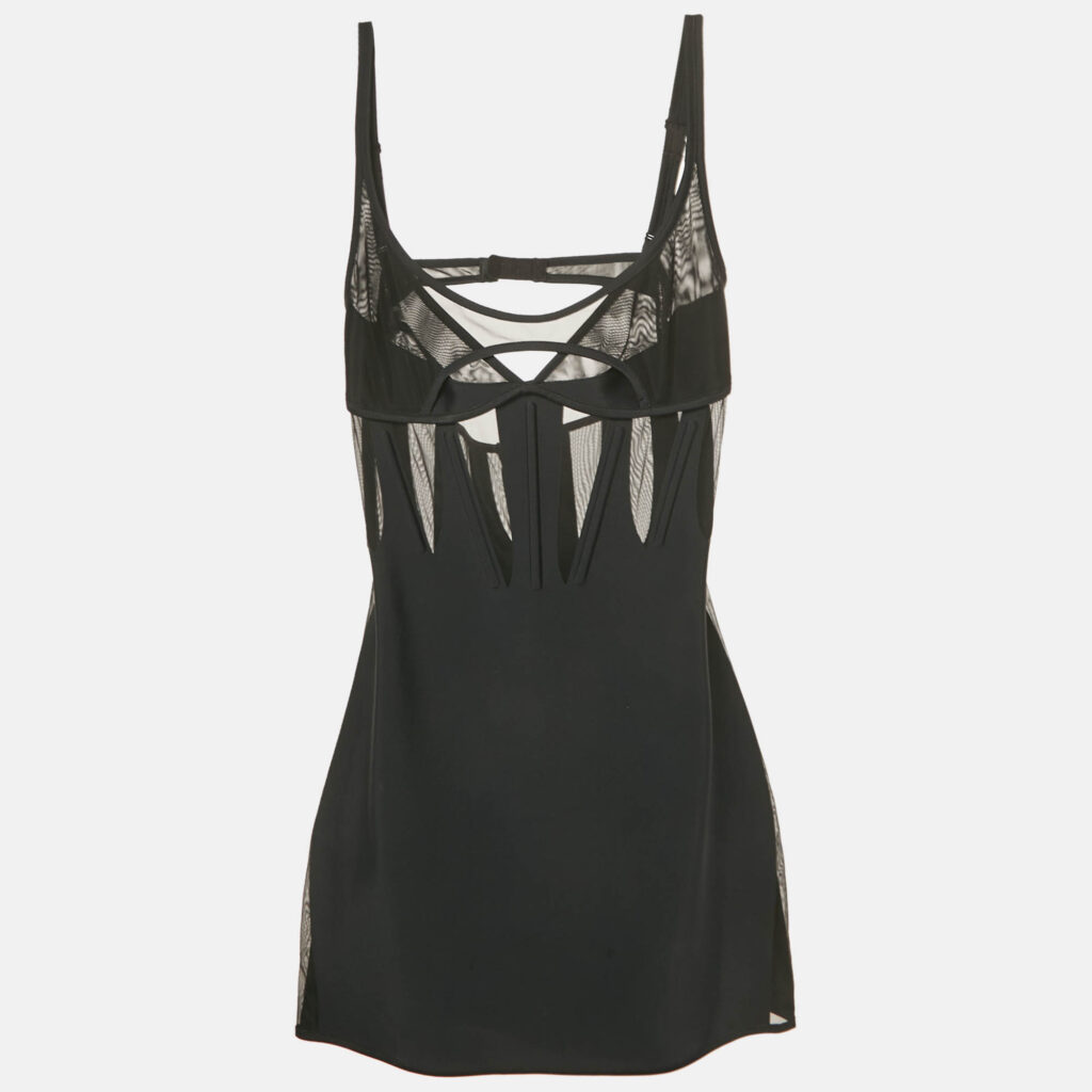 MUGLER Black Stretch Crepe Mesh Cut -Out Detail Corset Mini Dress M