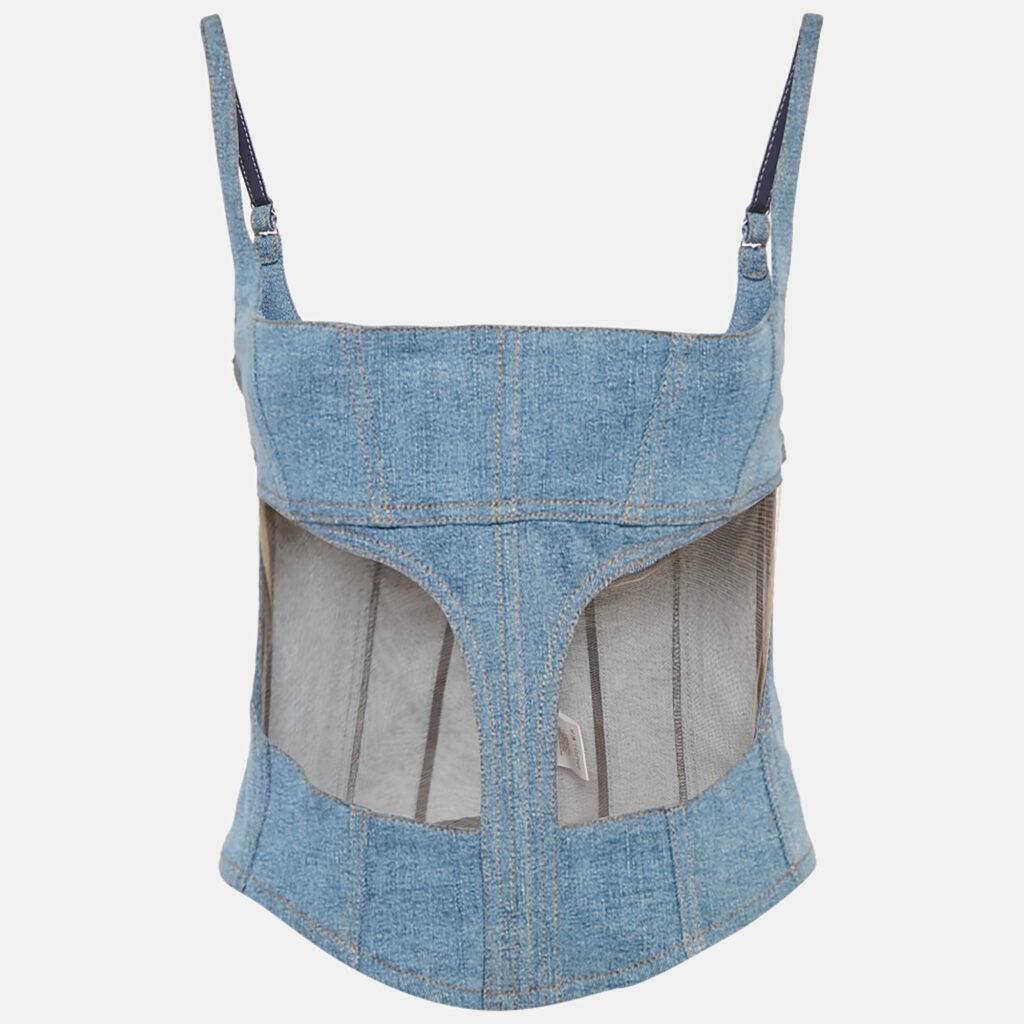 Mugler Blue Tulle Trim Denim Corset Top L Mugler Blue Tulle Trim Denim Corset Top L