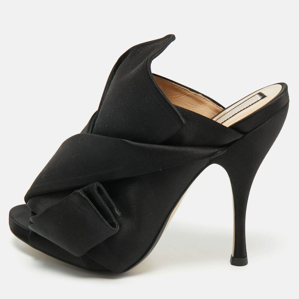 Nº21 Black Satin Raso Knot Peep Toe Mules Size 36.5