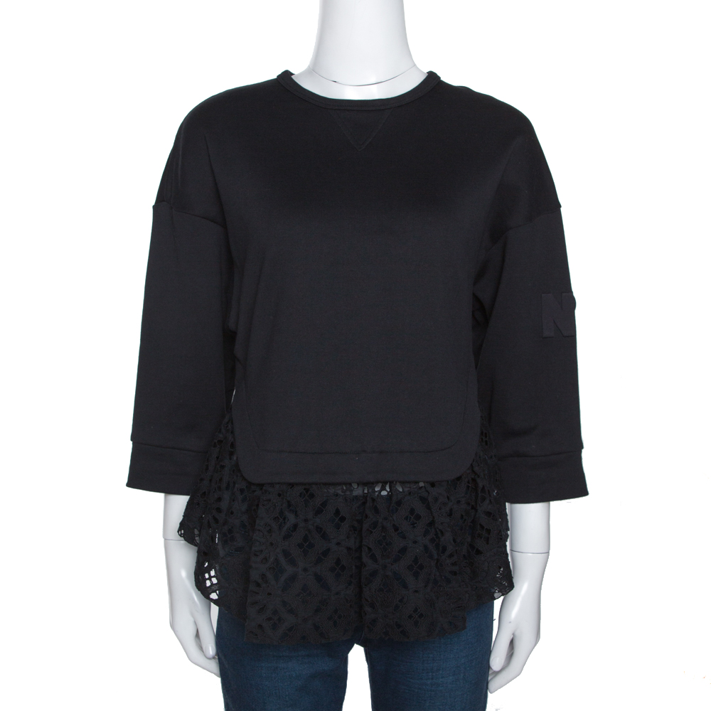 N21 Black Cotton Terry Eyelet Lace Trim Top S N21 Black Cotton Terry Eyelet Lace Trim Top S