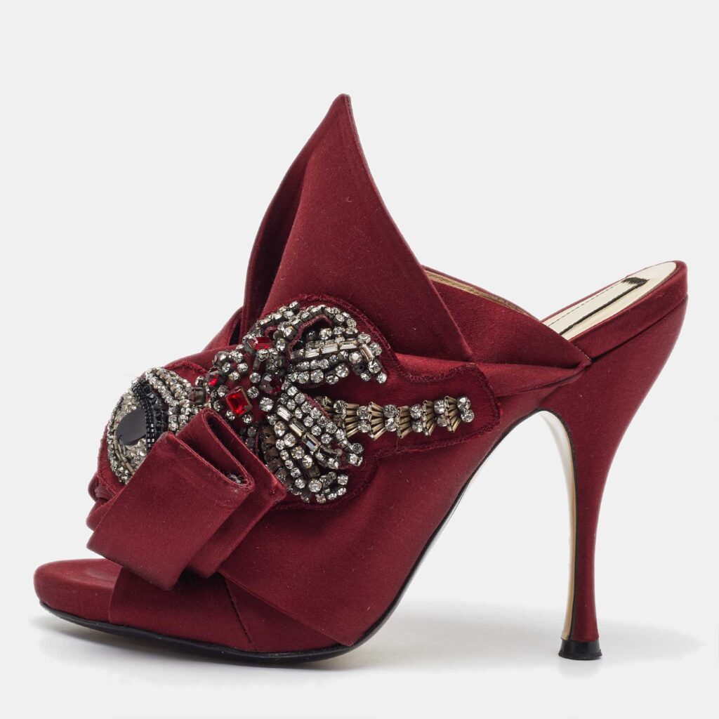 N21 Burgundy Satin Crystal Embellished Knot Mules Size 38