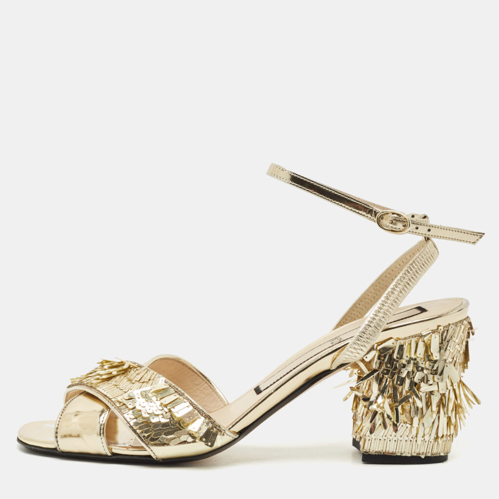 N°21 Gold Leather Sequinned Block Heel Ankle Strap Sandals Size 39 N°21 Gold Leather Sequinned Block Heel Ankle Strap Sandals Size 39