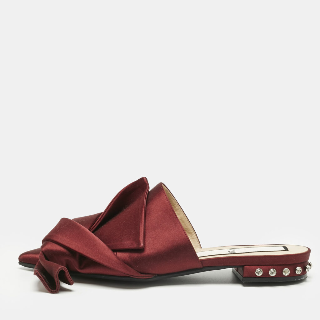 N21 Burgundy Satin Knot Flat Mules Size 37