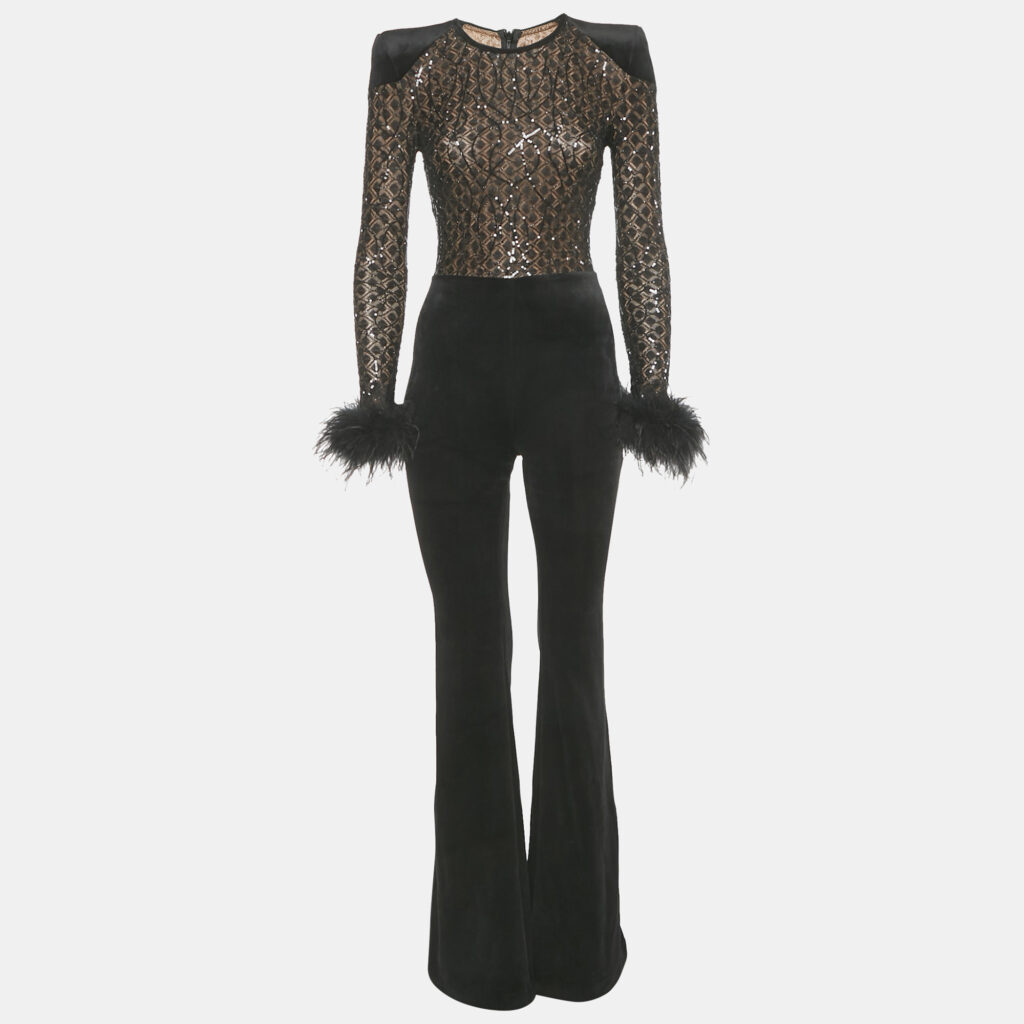 Nadine Merabi Black Sequin Knit and Velvet Feather Trimmed Jumpsuit S Nadine Merabi Black Sequin Knit and Velvet Feather Trimmed Jumpsuit S