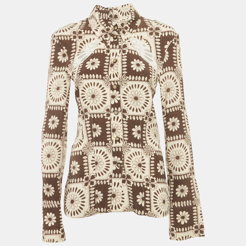 Nanushka Brown Floral Print Crepe Cut-Out Shirt S