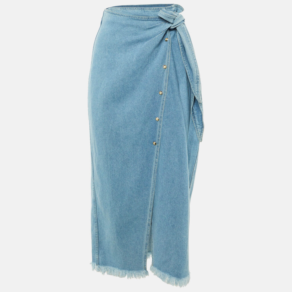 Nanushka Blue Washed Denim Frayed Opal Wrap Midi Skirt L Nanushka Blue Washed Denim Frayed Opal Wrap Midi Skirt L