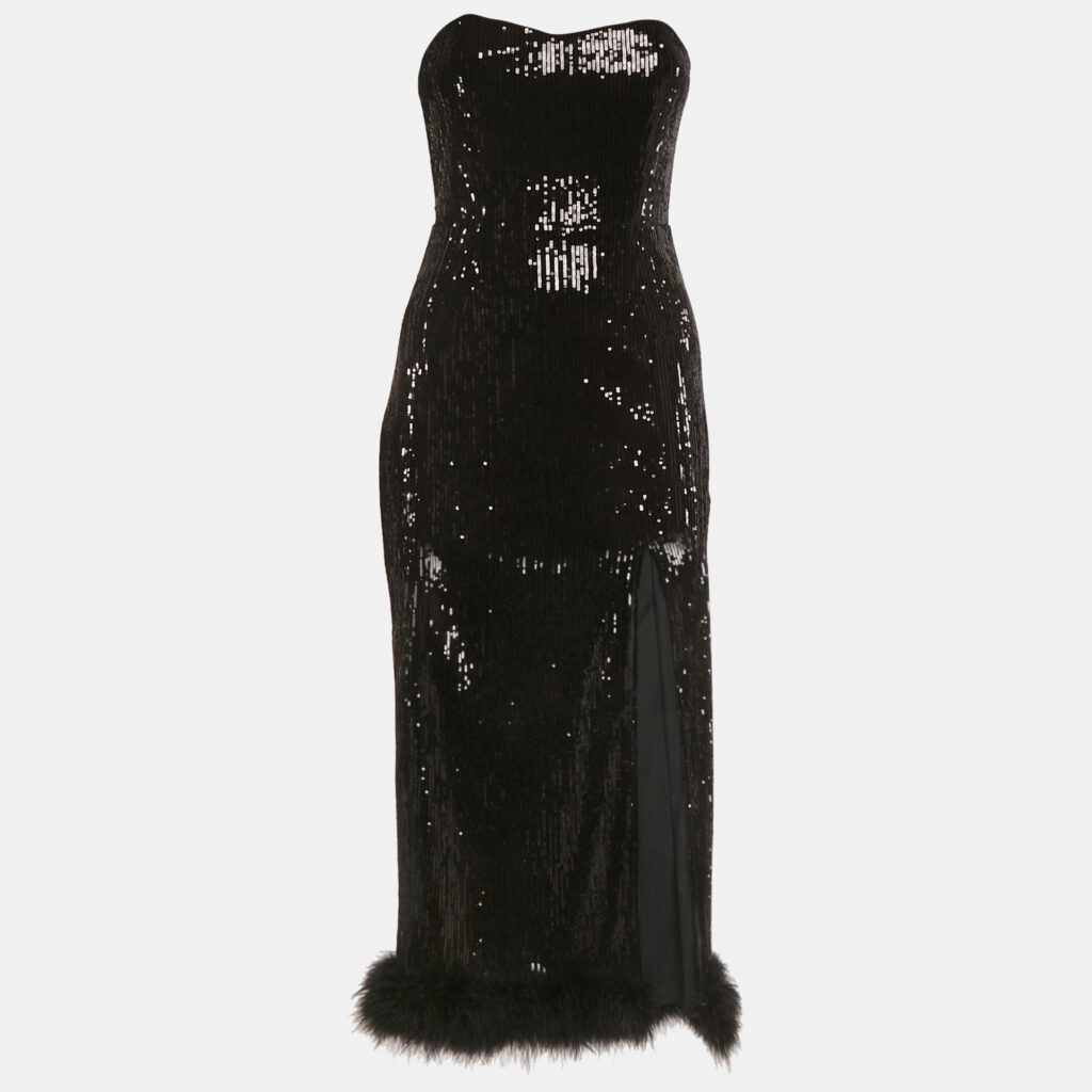 NBD Black Sequin Strapless Feather Trim Kalindi Midi Dress XS NBD Black Sequin Strapless Feather Trim Kalindi Midi Dress XS