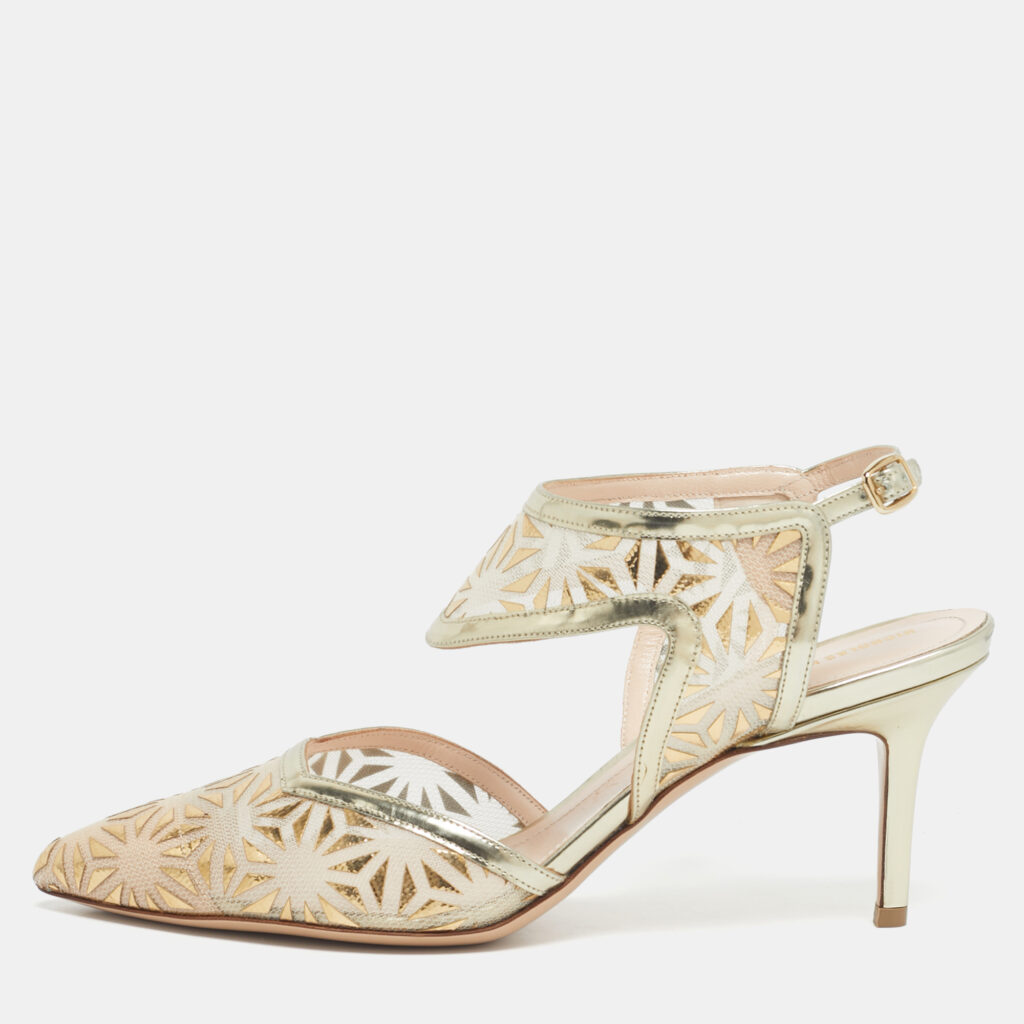 Nicholas Kirkwood Gold/Beige Leather and Mesh Leda Slingback Pumps Size 36 Nicholas Kirkwood Gold/Beige Leather and Mesh Leda Slingback Pumps Size 36