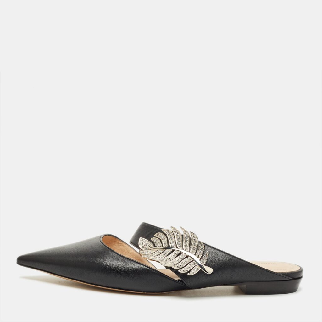 Nicholas Kirkwood Black Leather Crystal Embellished Monstera Flat Mules Size 37 Nicholas Kirkwood Black Leather Crystal Embellished Monstera Flat Mules Size 37
