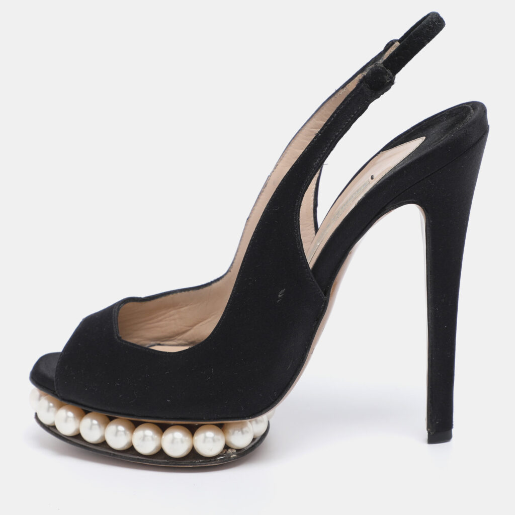 Nicholas Kirkwood Black Satin Pearl Embellished Platform Slingback Pumps Size 35.5