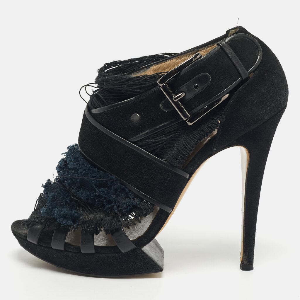 Nicholas Kirkwood Black/Blue Suede And Fabric Criss Cross Platform Booties Size 40 Nicholas Kirkwood Black/Blue Suede And Fabric Criss Cross Platform Booties Size 40