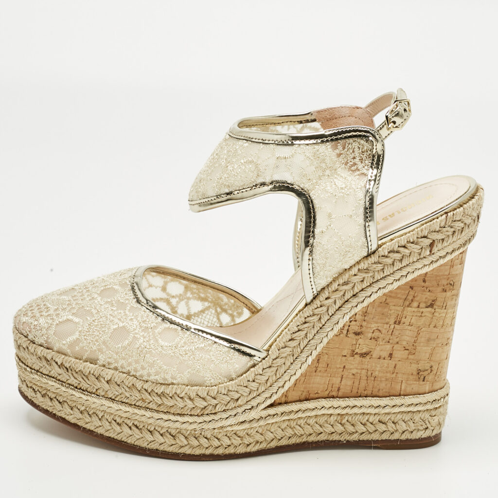 Nicholas Kirkwood Gold Lace and Leather Platform Wedge Ankle Strap Espadrilles Size 39.5 Nicholas Kirkwood Gold Lace and Leather Platform Wedge Ankle Strap Espadrilles Size 39.5