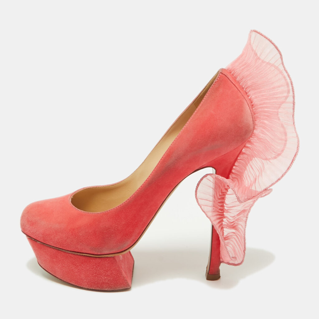 Nicholas Kirkwood Pink Suede Ruffle Trimmed Platform Pumps Size 37.5