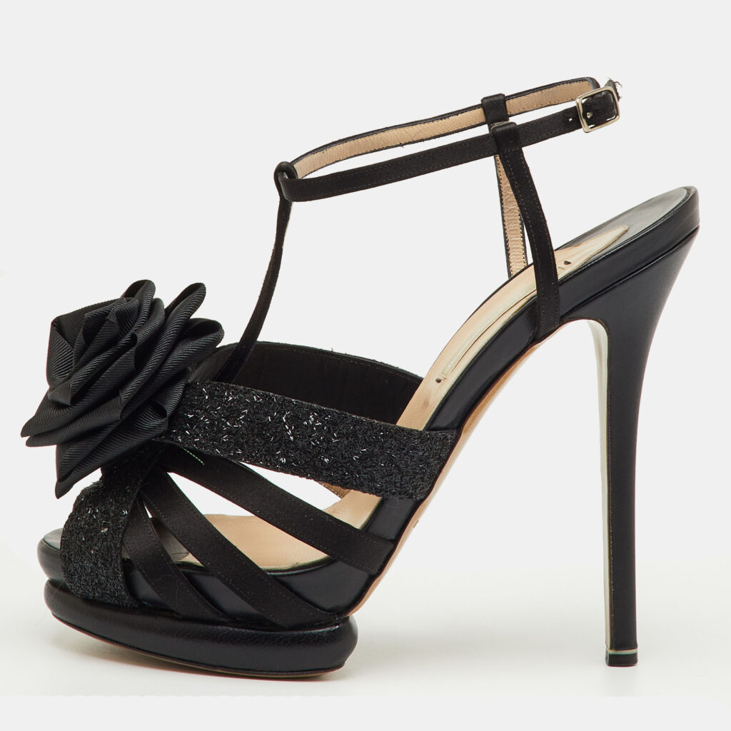 Nicholas Kirkwood Black Satin and Glitter Rose Platform Sandals Size 37 Nicholas Kirkwood Black Satin and Glitter Rose Platform Sandals Size 37