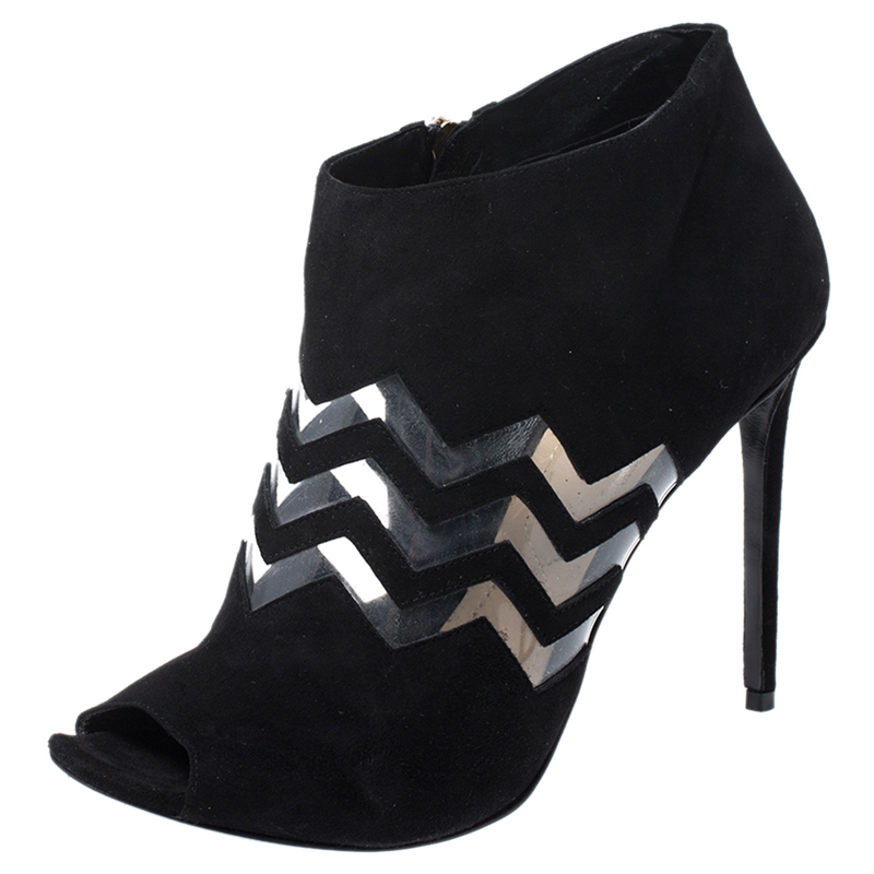 Nicholas Kirkwood Black Suede And PVC Chevron Peep Toe Ankle Booties Size 40 Nicholas Kirkwood Black Suede And PVC Chevron Peep Toe Ankle Booties Size 40