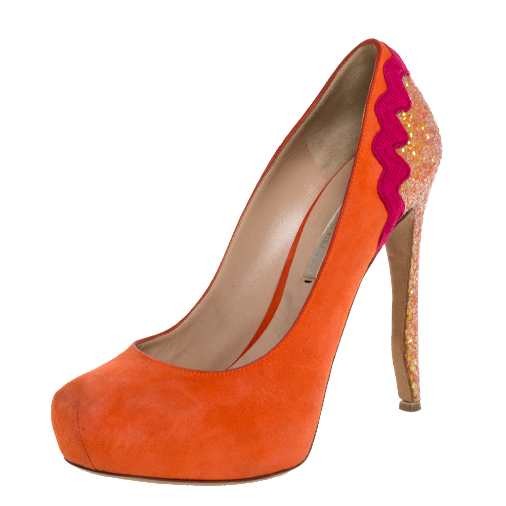 Nicholas Kirkwood Orange Suede And Coarse Glitter Heel Platform Pumps Size 38 Nicholas Kirkwood Orange Suede And Coarse Glitter Heel Platform Pumps Size 38