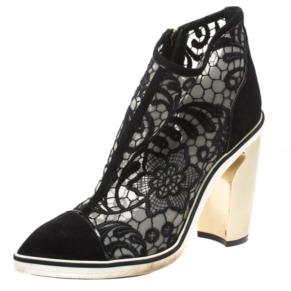 Nicholas Kirkwood Black Suede and Embroidered Mesh Block Heel Ankle Boots Size 36.5 Nicholas Kirkwood Black Suede and Embroidered Mesh Block Heel Ankle Boots Size 36.5