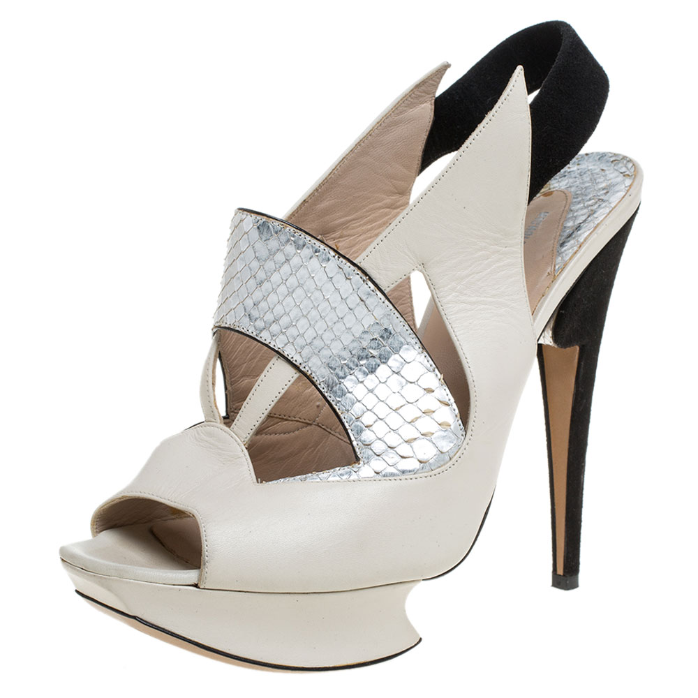 Nicholas Kirkwood Beige/Black Leather And Python Leather Slingback Platform Sandals Size 39.5 Nicholas Kirkwood Beige/Black Leather And Python Leather Slingback Platform Sandals Size 39.5