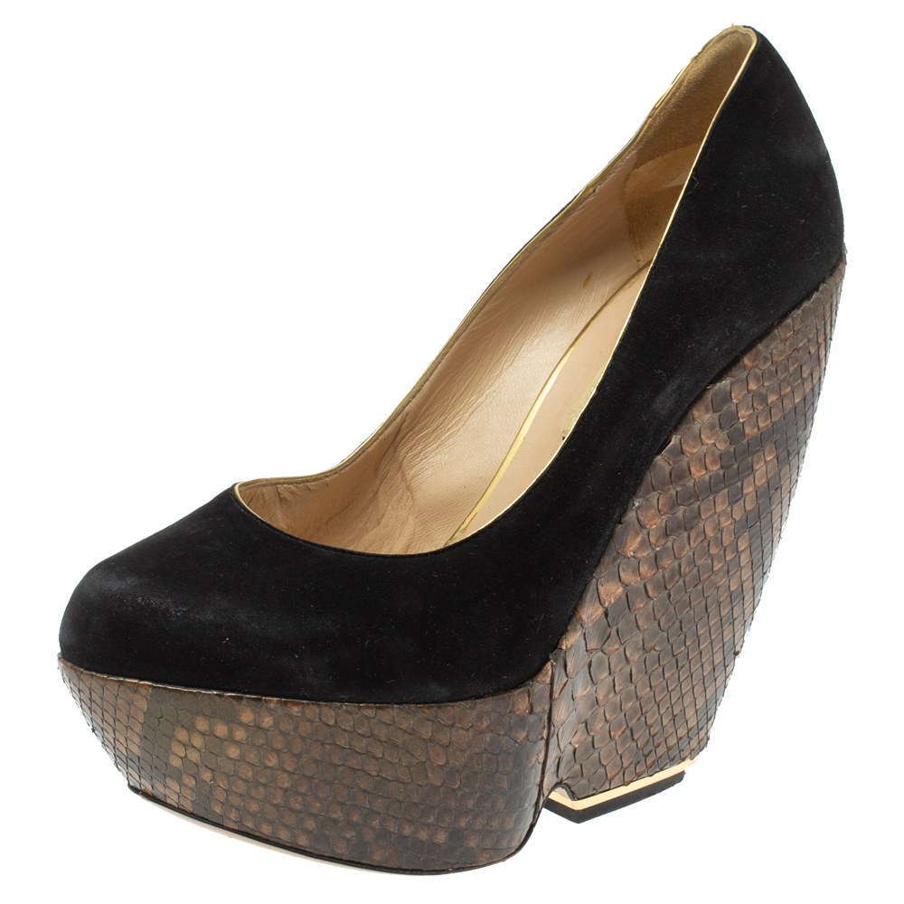 Nicholas Kirkwood Black Suede And Python Leather Wedge Platform Pumps Size 39.5 Nicholas Kirkwood Black Suede And Python Leather Wedge Platform Pumps Size 39.5