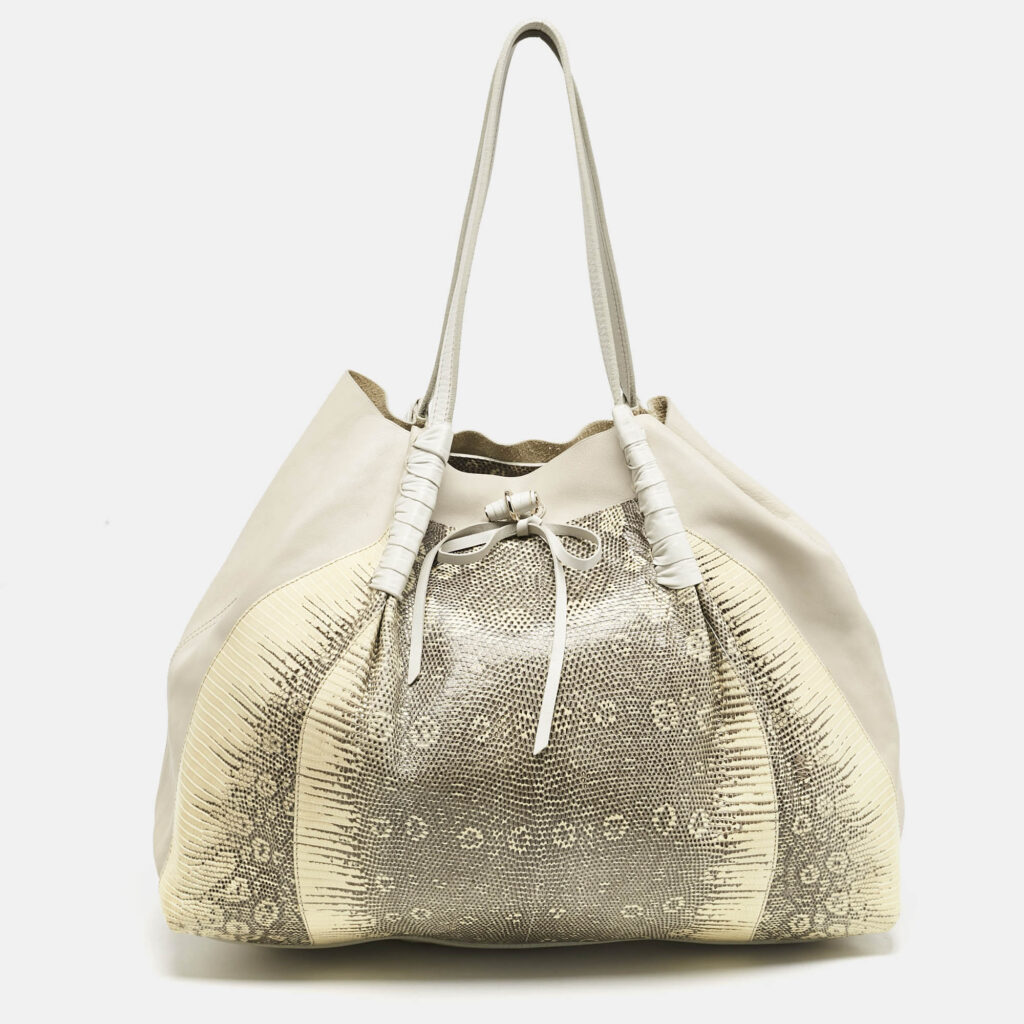 Nina Ricci Beige/Cream Leather and Lizard Ondine Cabas Tote Nina Ricci Beige/Cream Leather and Lizard Ondine Cabas Tote