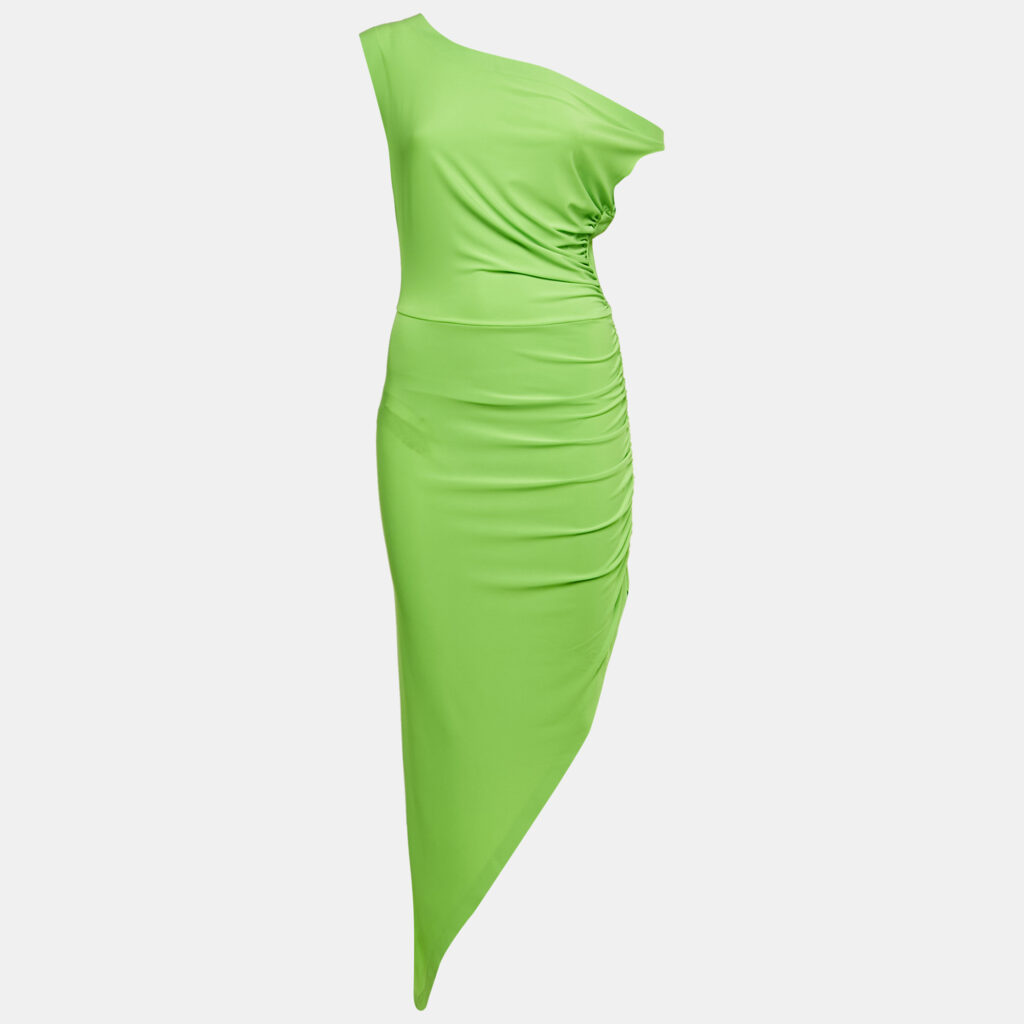 Norma Kamali Neon Green Jersey Ruched One-Should Dress M Norma Kamali Neon Green Jersey Ruched One-Should Dress M