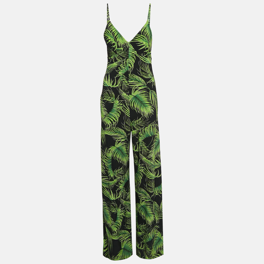 Norma Kamali Black/Green Palm Leaf Print Jersey Slip Jumpsuit M Norma Kamali Black/Green Palm Leaf Print Jersey Slip Jumpsuit M