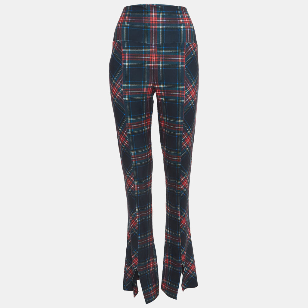 luxury-women-norma-kamali-used-clothes-p918933-004-1.jpg Norma Kamali Dark Green Plaid Print Stretch Knit High Waist Flared Hem Leggings L
