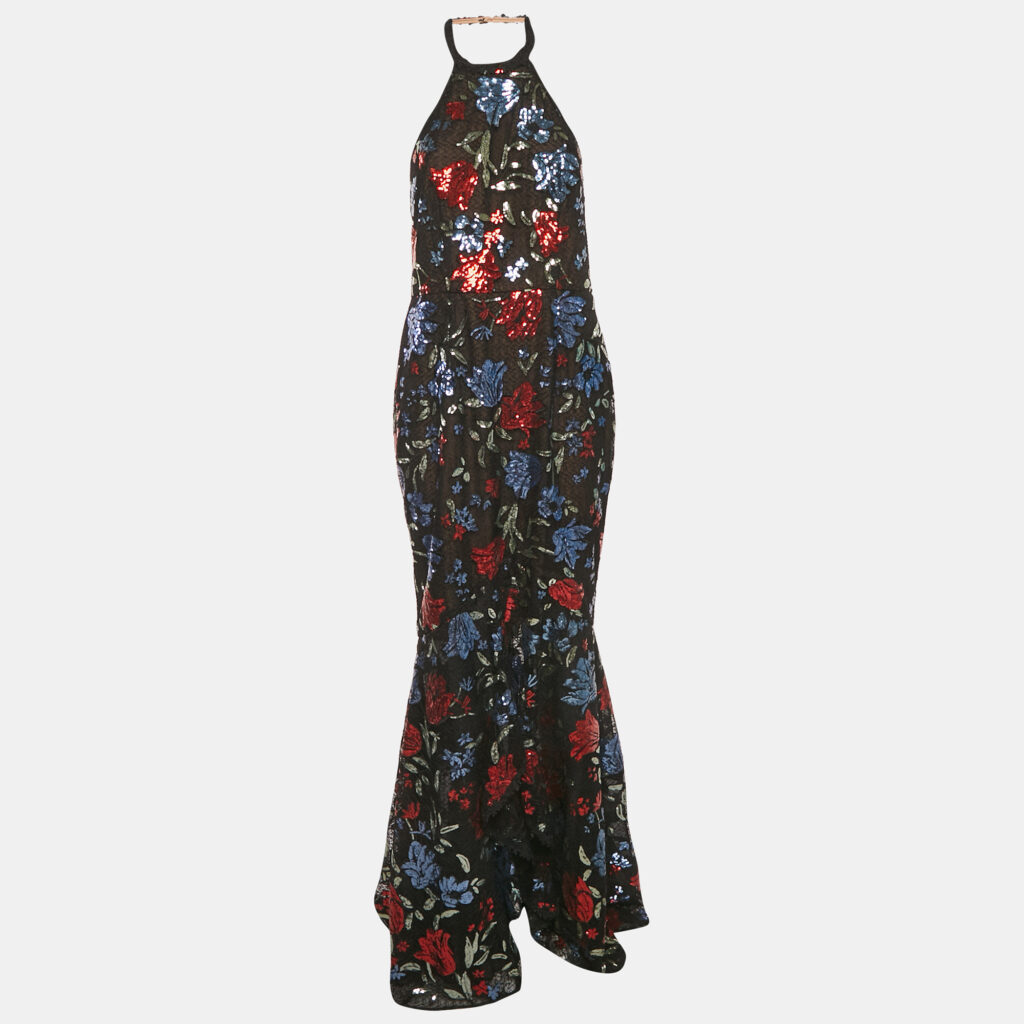Notte By Marchesa Black Sequin Tulle Halter Neck Gown L