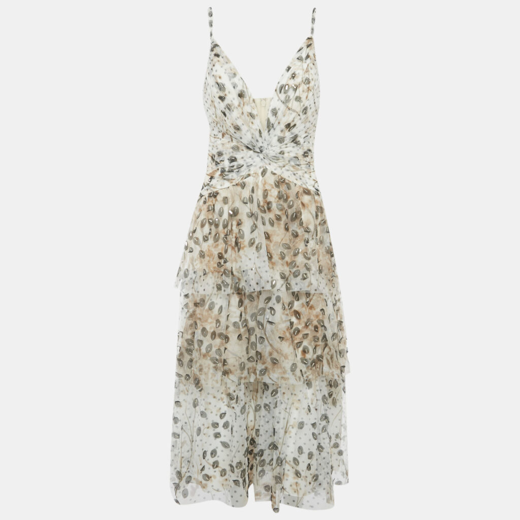 Notte By Marchesa Beige Leaf Appliqué Tulle Tiered Midi Dress XL