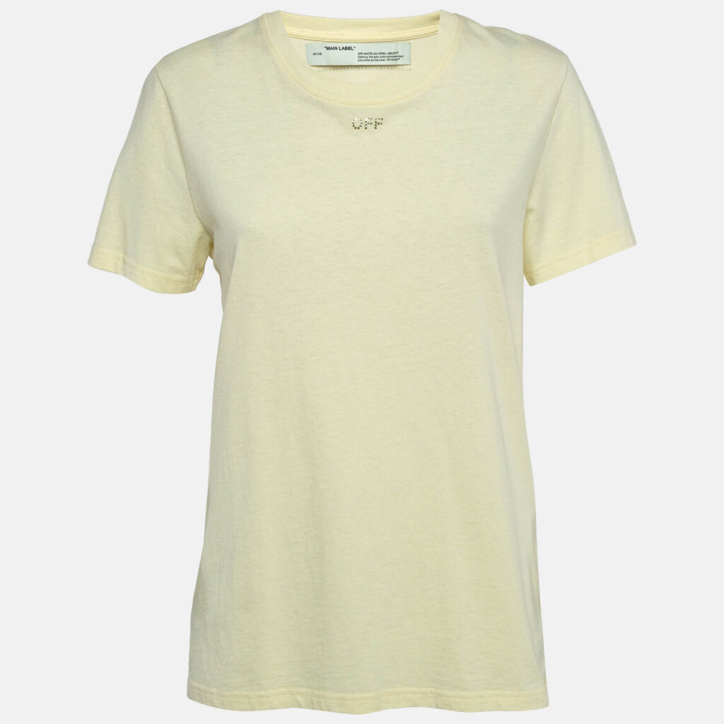 Off-White Yellow Cotton Crystal Logo Embellished T-Shirt S