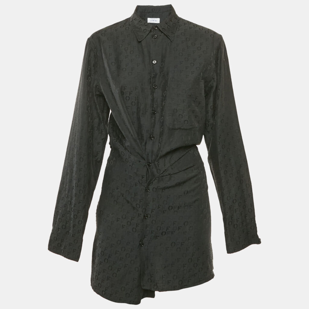 Off-White Black Logo Jacquard Cotton & Silk Asymmetric Shirt Dress M Off-White Black Logo Jacquard Cotton & Silk Asymmetric Shirt Dress M