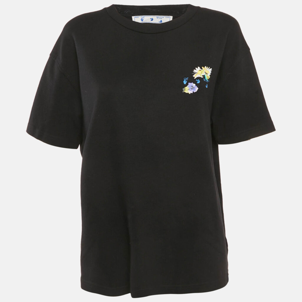 Off-White Black Floral Logo Print Cotton Crew Neck T-Shirt L Off-White Black Floral Logo Print Cotton Crew Neck T-Shirt L