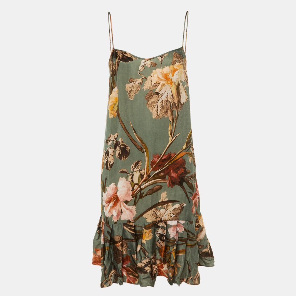 Off-White Green Floral Print Satin Flounced Slip Dress M Off-White Green Floral Print Satin Flounced Slip Dress M