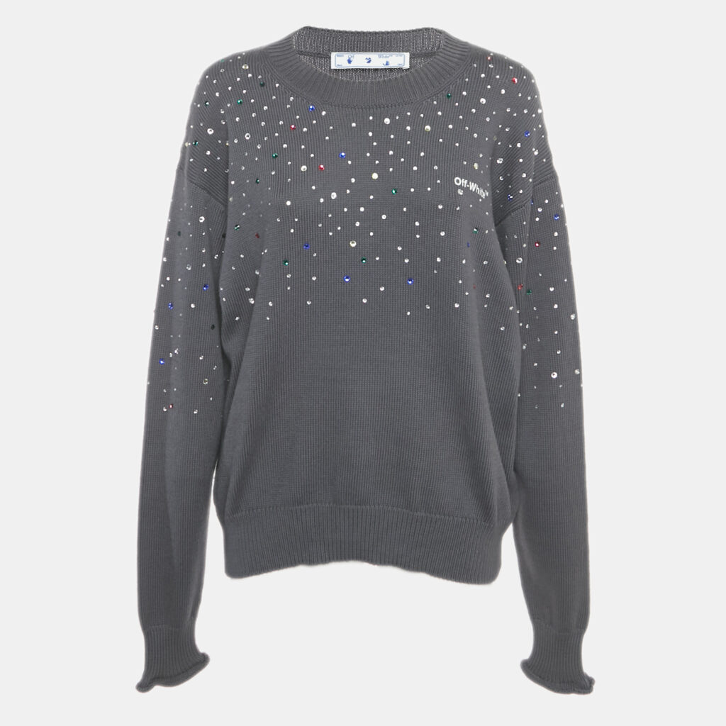 Off-White Grey Rib Knit Rhinestone Sweater S