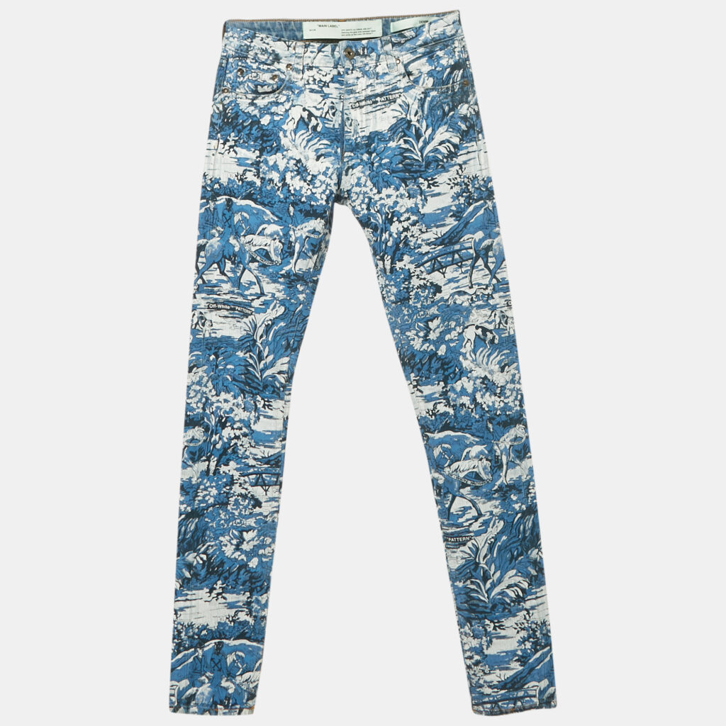 Off-White Blue Printed Denim Tapestry Skinny Jeans S Waist 26" Off-White Blue Printed Denim Tapestry Skinny Jeans S Waist 26"