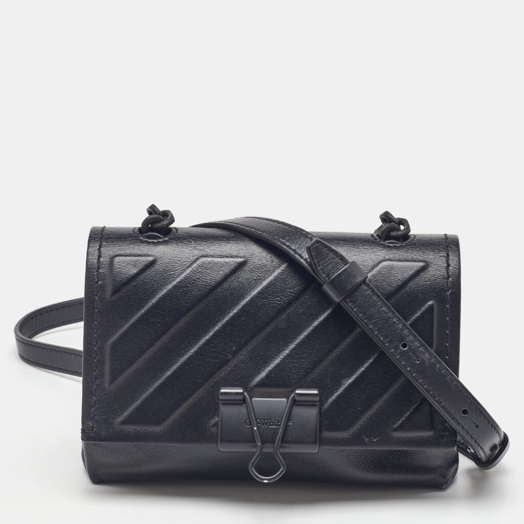 Off-White Black Leather Binder Clip Flap Shoulder Bag
