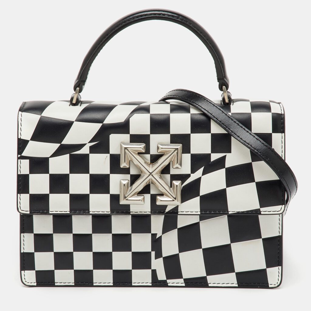 Off-White Black/White Check Printed Leather Jitney Top Handle Bag