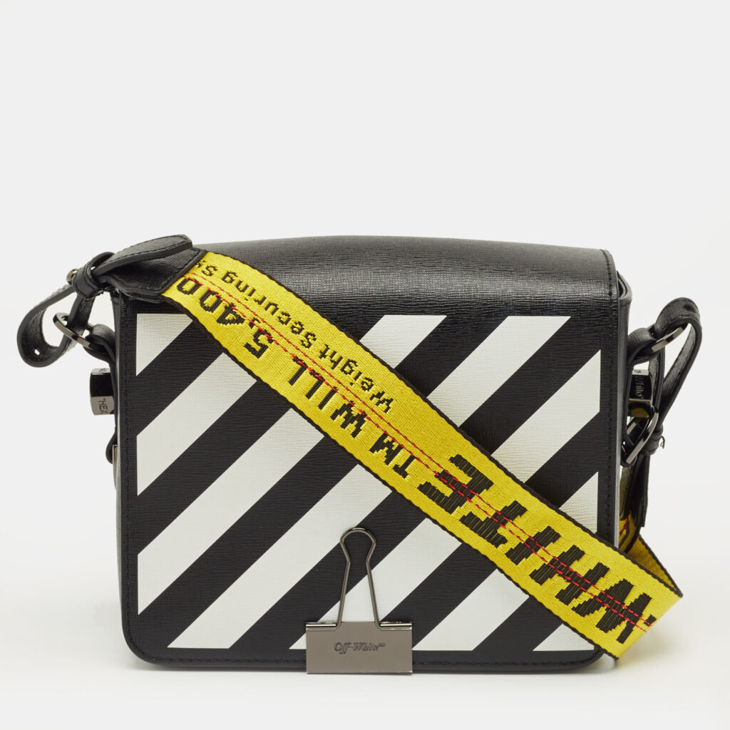 Off-White Black/White Diagonal Print Leather Binder Clip Crossbody Bag Off-White Black/White Diagonal Print Leather Binder Clip Crossbody Bag