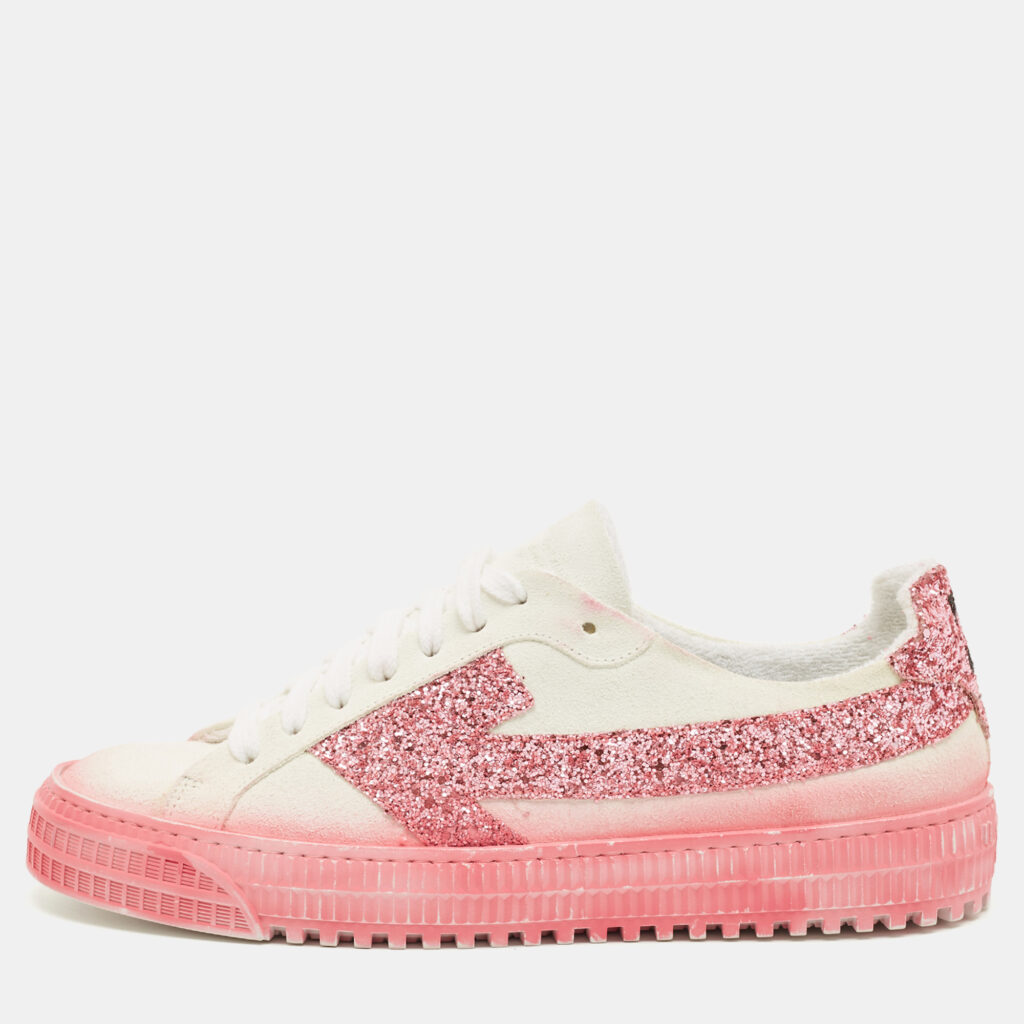 Off-White White/Pink Suede and Glitter Vulcanized Sneakers Size 41